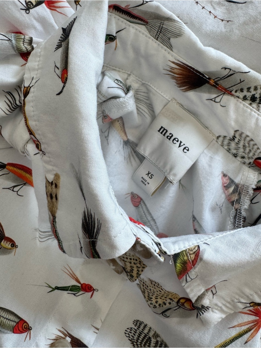 Anthropologie Maeve Zooey Bubble-Sleeve Buttondown XS Fly Fishing Print - Picture 3 of 4